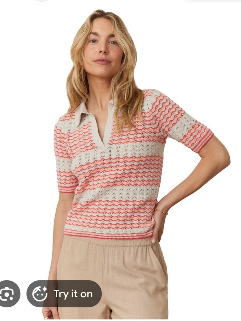 Marine Layer Spencer Open Stitch Cream and Pink Knit Polo